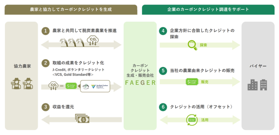 株式会社FAEGERがバイヤーと協力農家の間にたちカーボンクレジットの生成と企業のカーボンクレジット調達をサポートする内容を示した図。