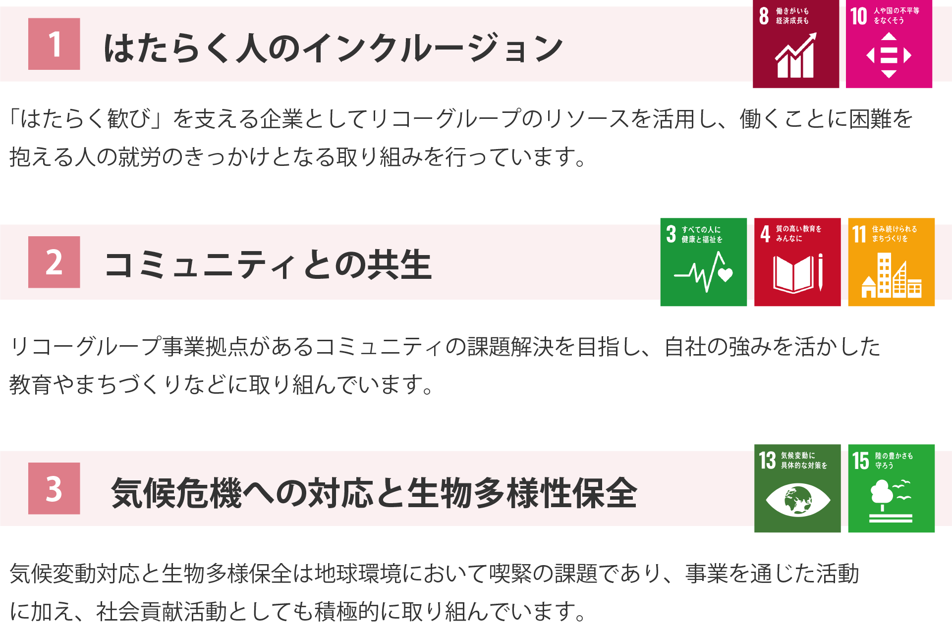  はたらく人のインクルージョン 「はたらく歓び」を支える企業としてリコーグループのリソースを活用し、働くことに困難を抱える人の就労のきっかけとなる取り組みを行っています。
                   コミュニティとの共生 リコーグループ事業拠点があるコミュニティの課題解決を目指し、自社の強みを活かした教育やまちづくりなどに取り組んでいます。3 気候危機への対応と生物多様性保全
                   気候変動対応と生物多様保全は地球環境において喫緊の課題であり、事業を通じた活動に加え、社会貢献活動としても積極的に取り組んでいます。